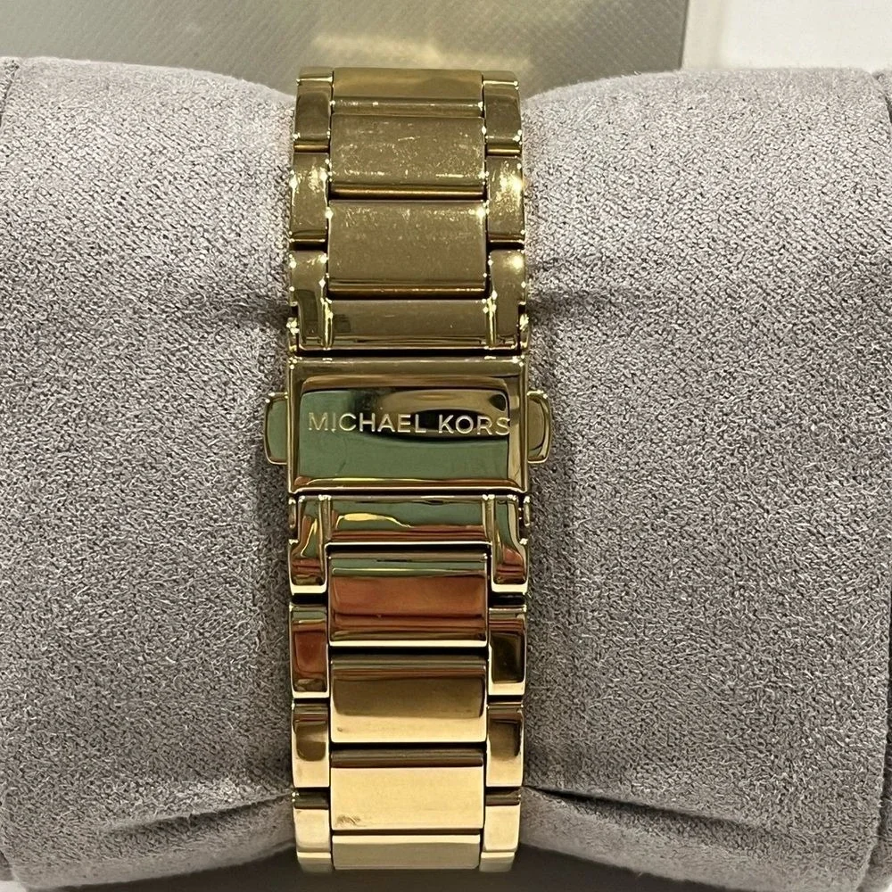 Michael Kors jeweled gold colored‎ watch with box, bag, pillow needs batteries